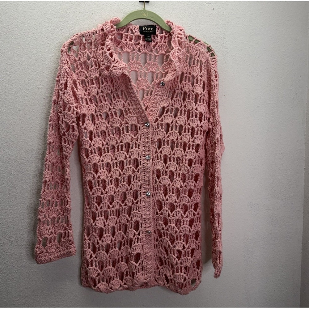 Pure Handknit Pink Open Knit Sweater Top Cotton S/M BOHO Beach Coverup Seashell